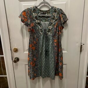 Anthropology Green and Orange Mini Dres with Flutter Cap Sleeves